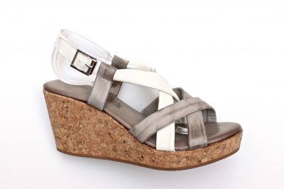 Sandalo con listini in pelle bianca e grigia zeppa in sughero 8 cm € 95,00